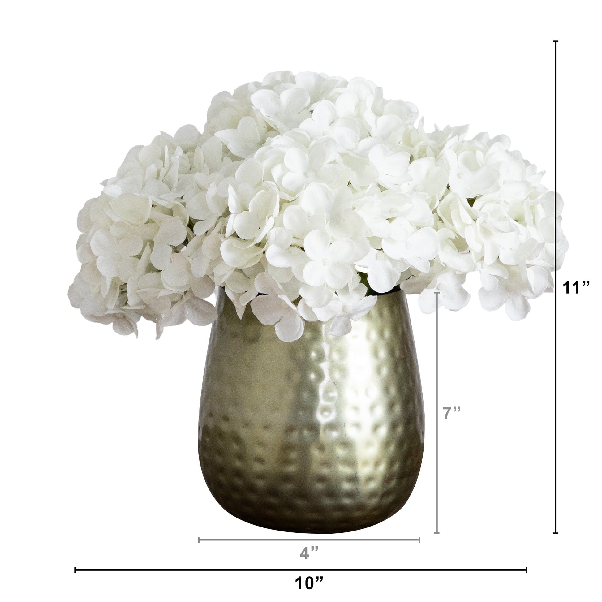 11” Artificial Hydrangea Arrangement in Gold Metal Vase - Tampa Home & Garden Store