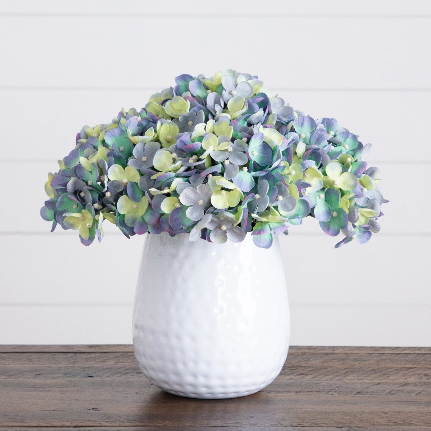 11” Artificial Hydrangea Arrangement in White Metal Vase - Tampa Home & Garden Store