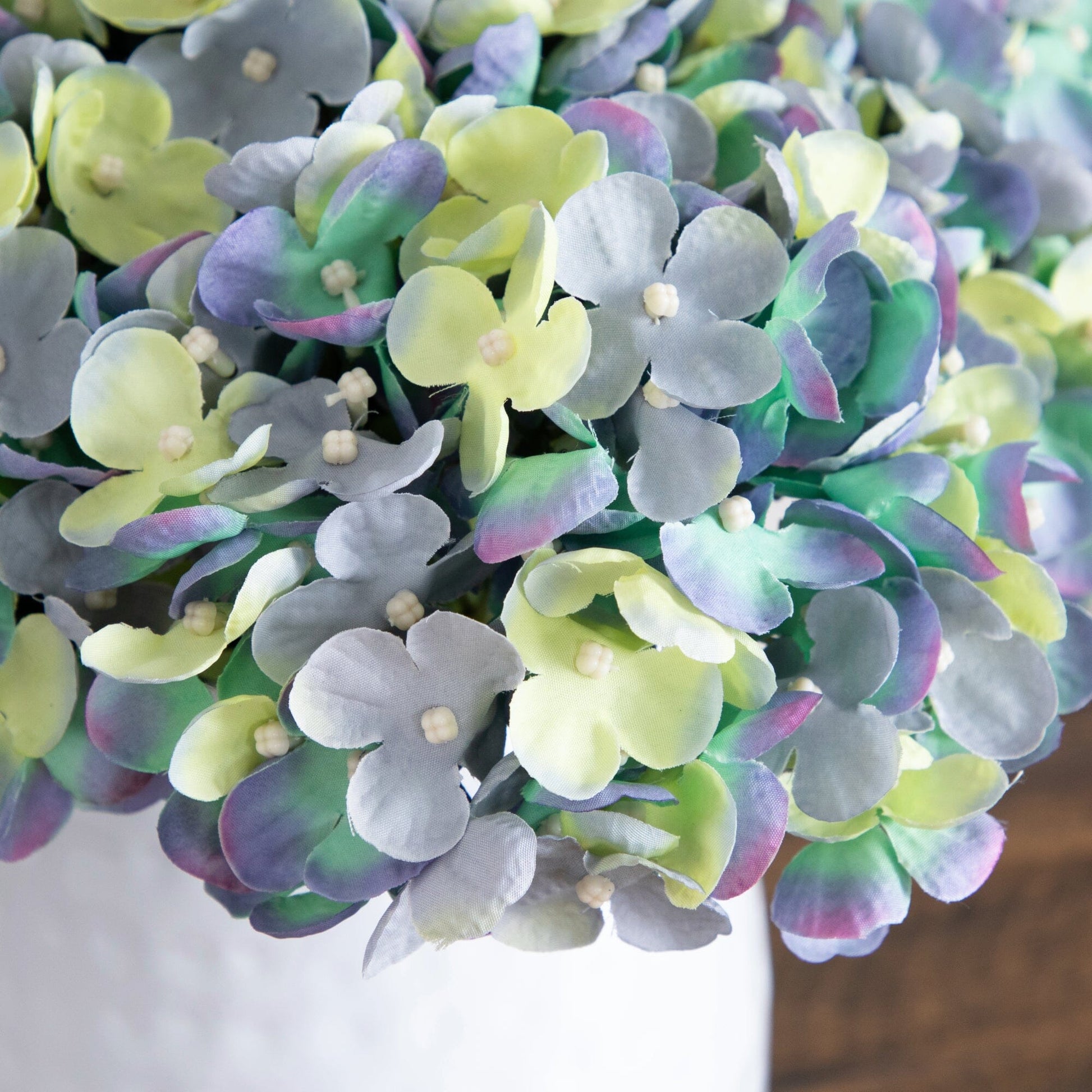 11” Artificial Hydrangea Arrangement in White Metal Vase - Tampa Home & Garden Store