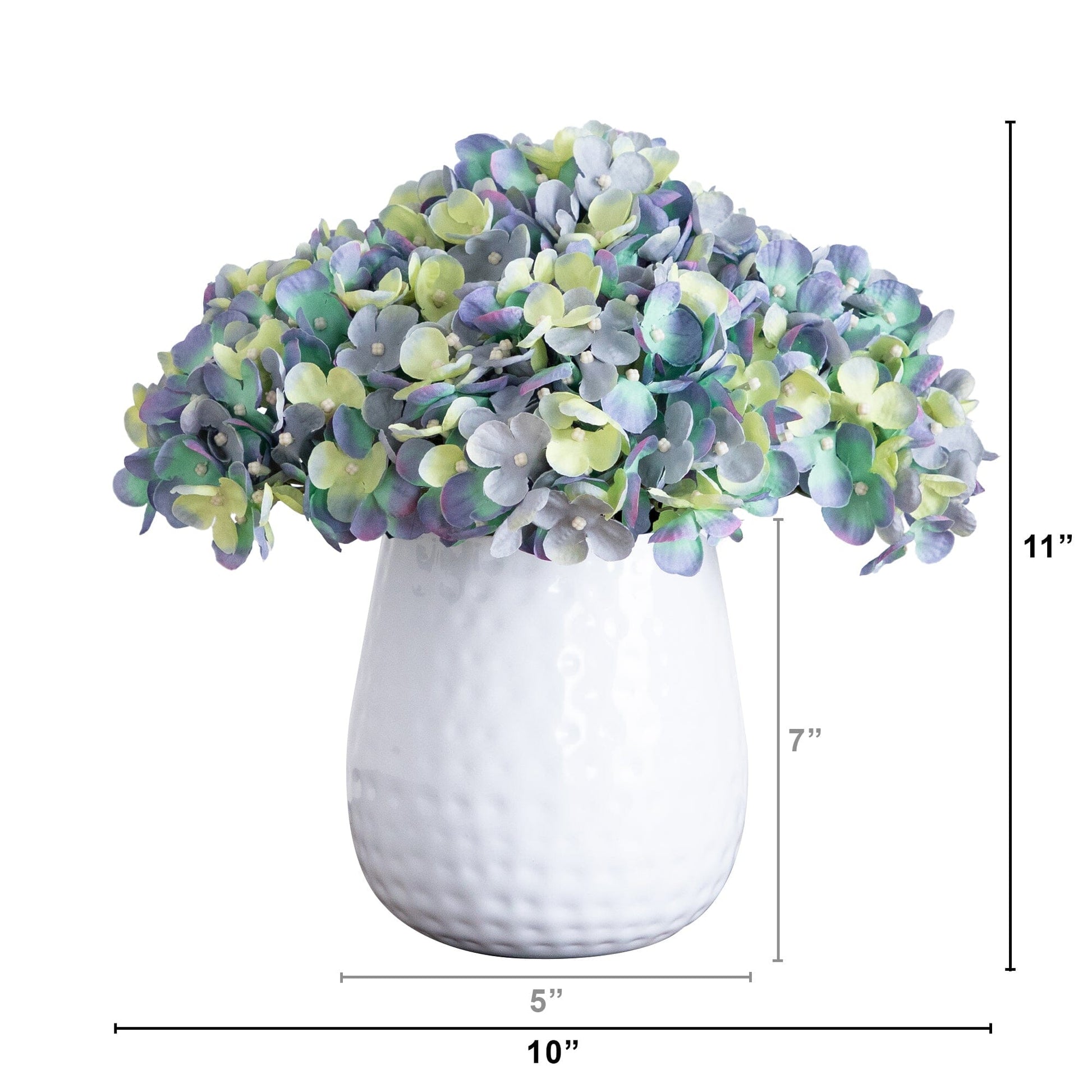 11” Artificial Hydrangea Arrangement in White Metal Vase - Tampa Home & Garden Store