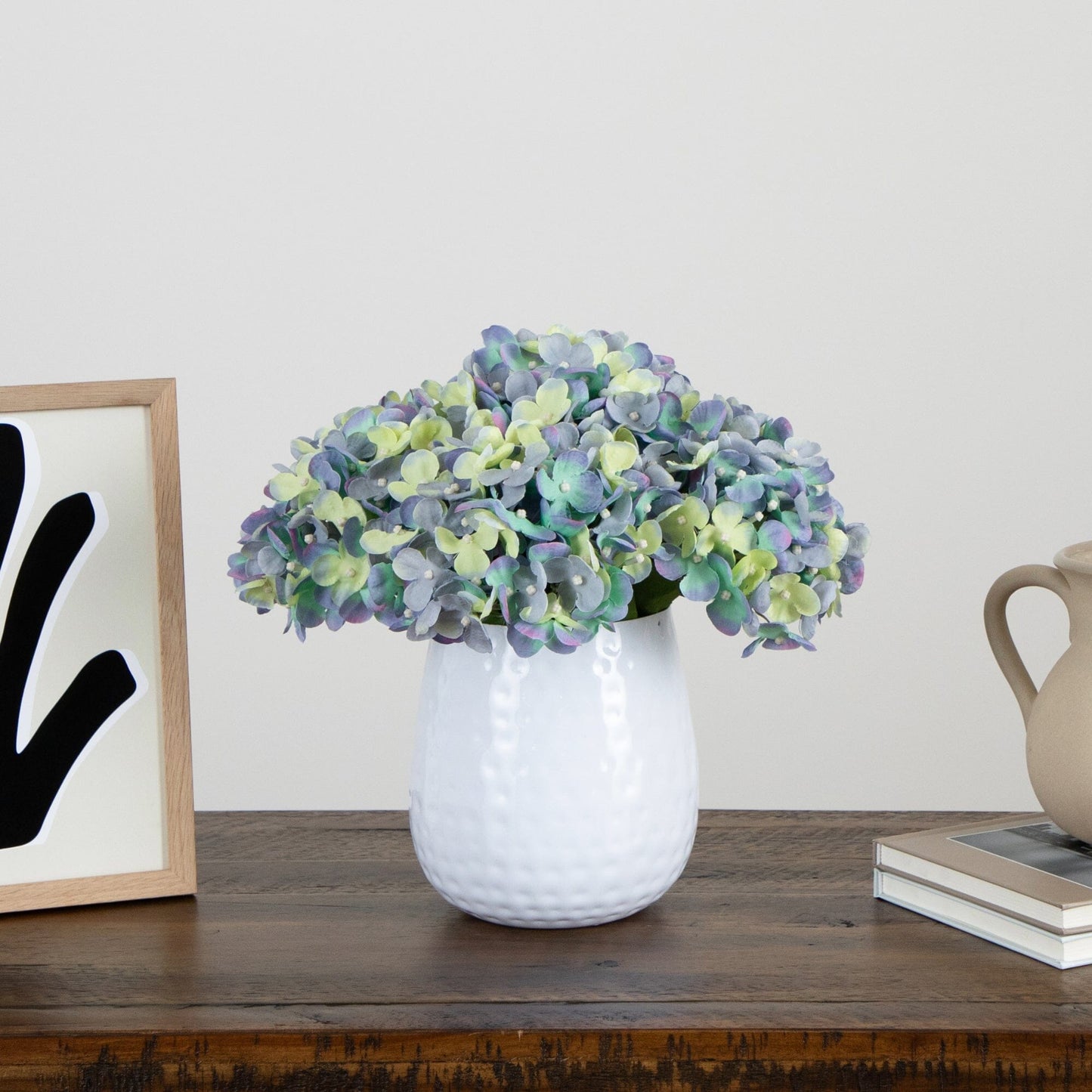 11” Artificial Hydrangea Arrangement in White Metal Vase - Tampa Home & Garden Store