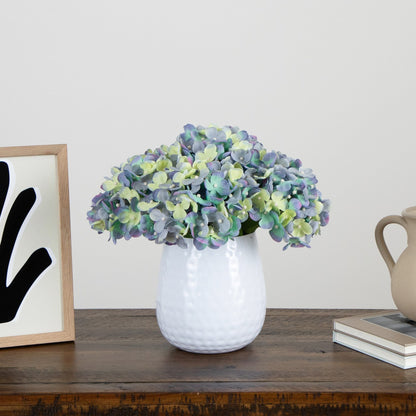 11” Artificial Hydrangea Arrangement in White Metal Vase - Tampa Home & Garden Store