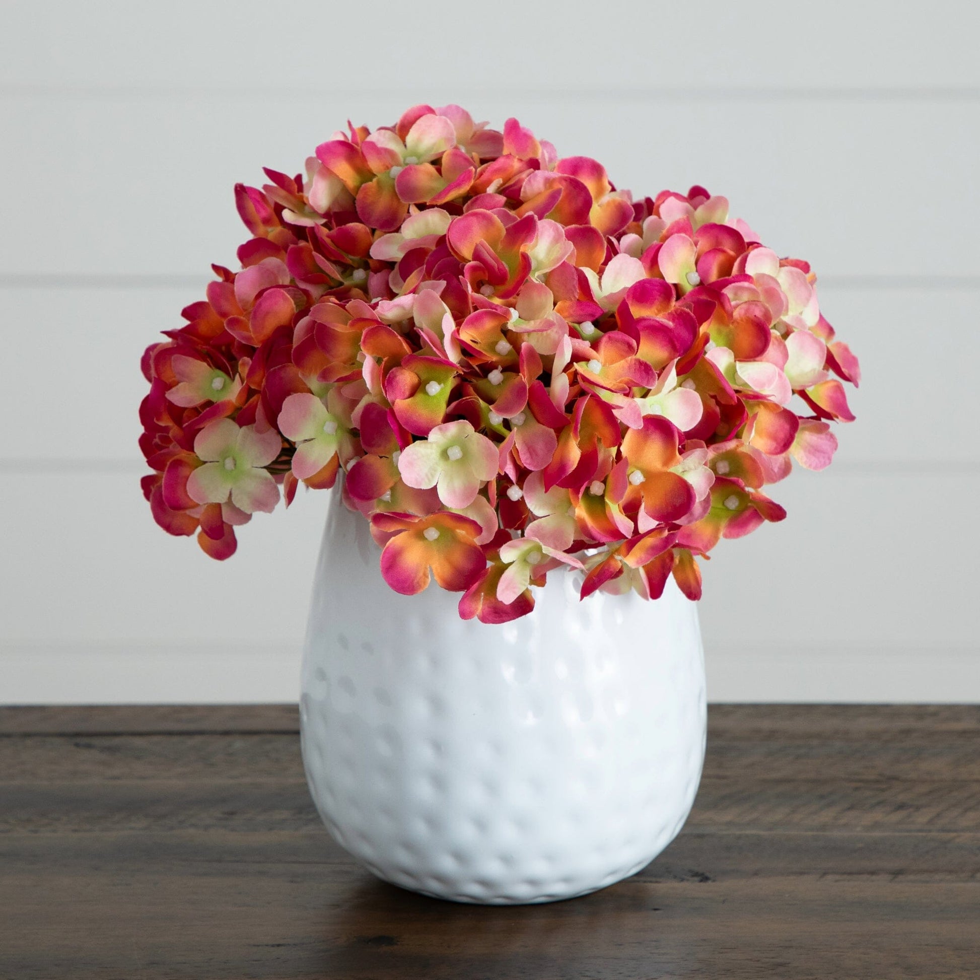 11” Artificial Hydrangea Arrangement in White Metal Vase - Tampa Home & Garden Store