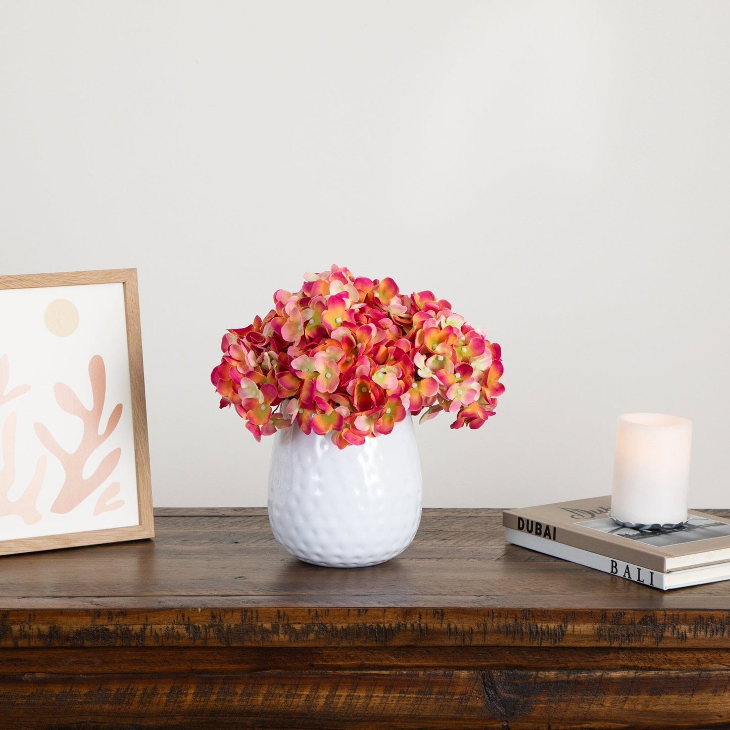 11” Artificial Hydrangea Arrangement in White Metal Vase - Tampa Home & Garden Store
