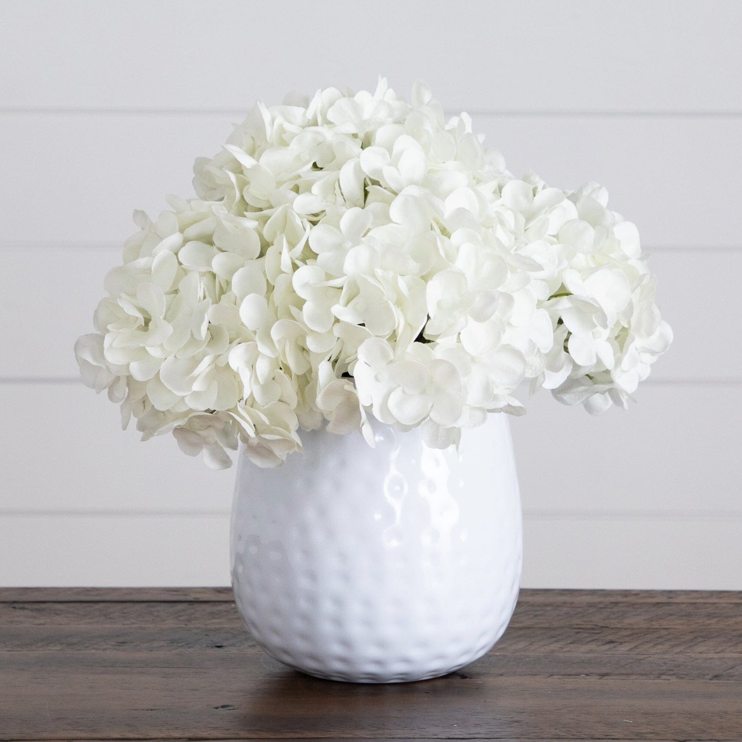 11” Artificial Hydrangea Arrangement in White Metal Vase - Tampa Home & Garden Store