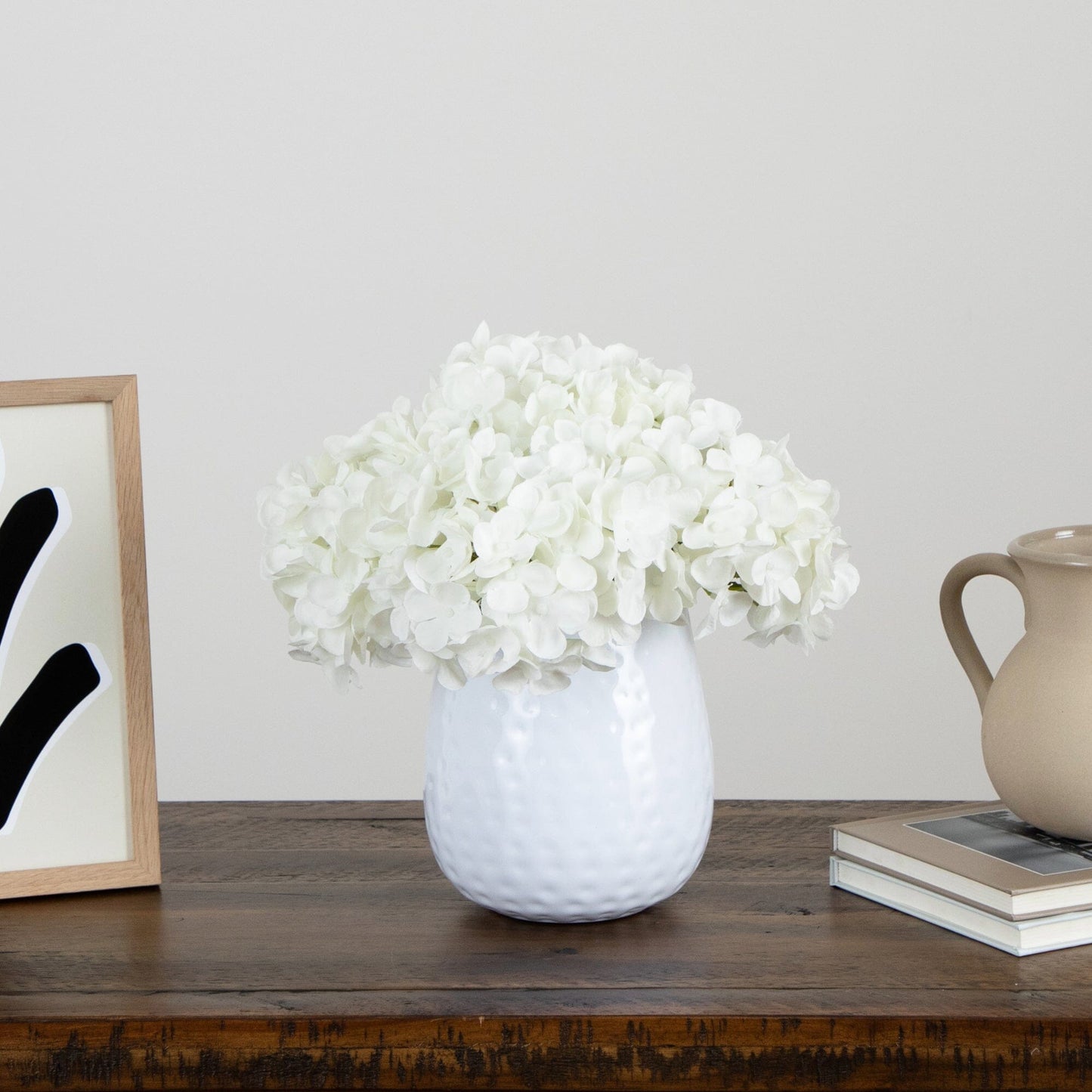 11” Artificial Hydrangea Arrangement in White Metal Vase - Tampa Home & Garden Store