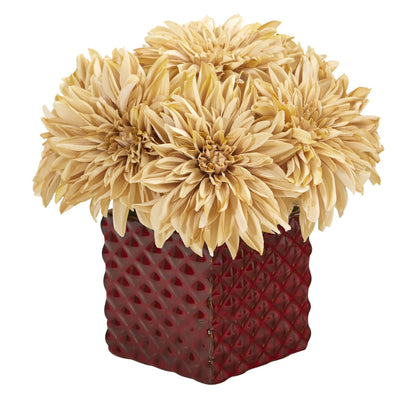 11” Dahlia Artificial Arrangement in Red Ceramic Cube - Tampa Home & Garden Store