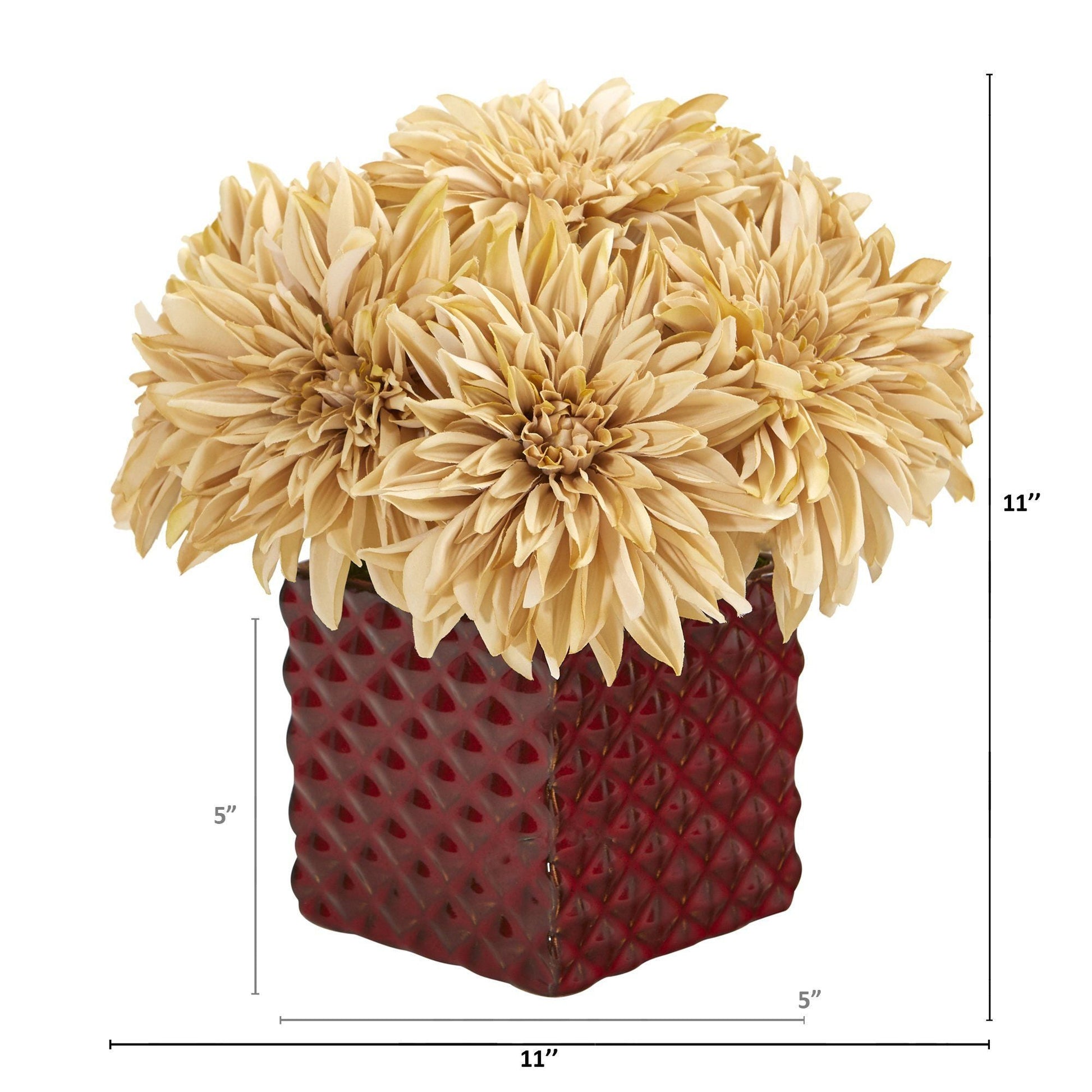 11” Dahlia Artificial Arrangement in Red Ceramic Cube - Tampa Home & Garden Store