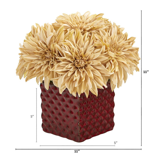 11” Dahlia Artificial Arrangement in Red Ceramic Cube - Tampa Home & Garden Store