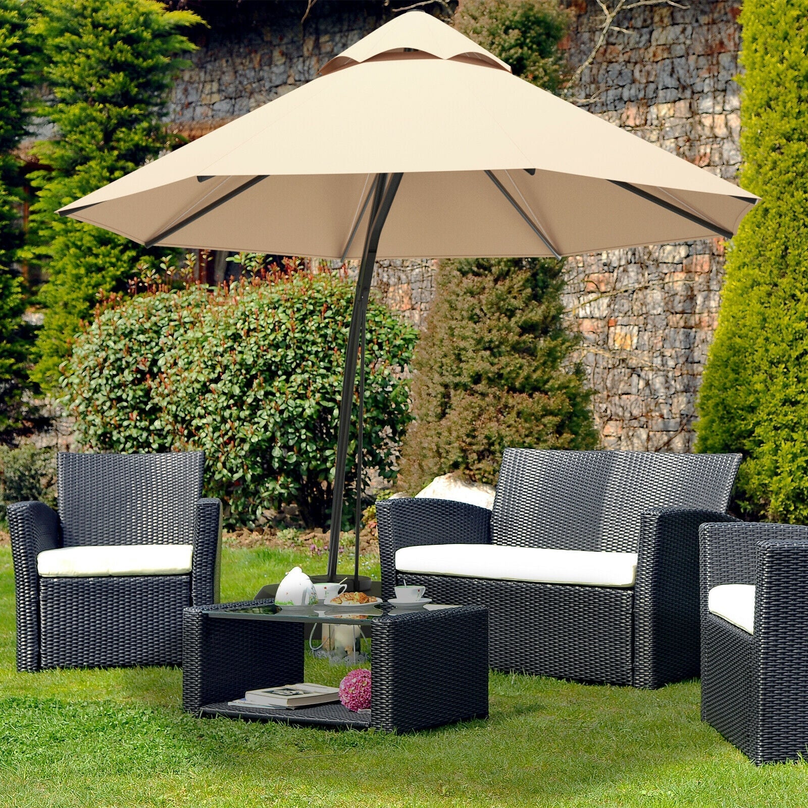 11 feet patio umbrella 11 Feet Outdoor Cantilever Hanging Umbrella with Base and Wheels Beige