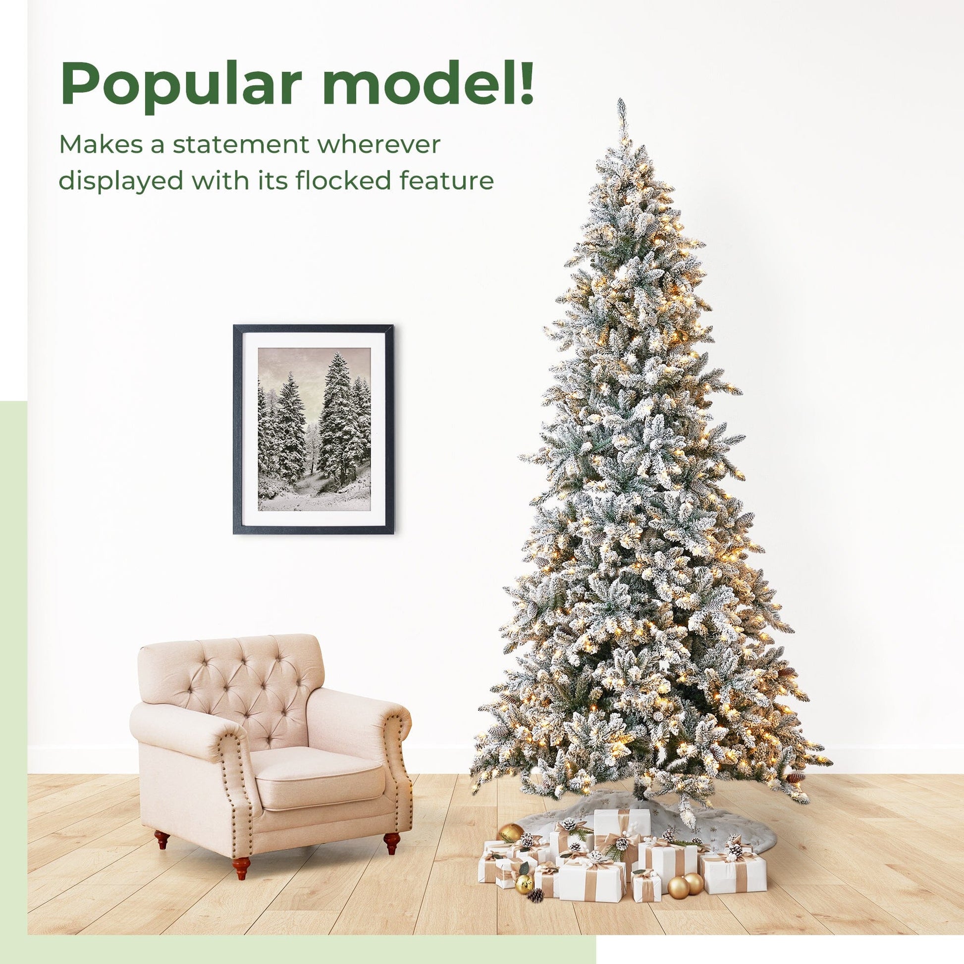 11’ Flocked Livingston Fir Artificial Christmas Tree with Pine Cones, 950 Clear Warm LED Lights and 3016 Bendable Branches - Tampa Home & Garden Store