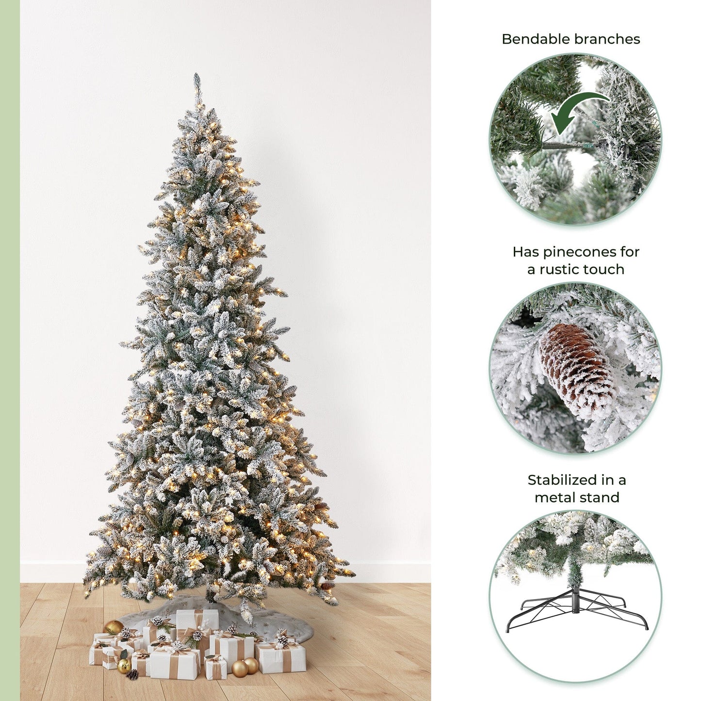 11’ Flocked Livingston Fir Artificial Christmas Tree with Pine Cones, 950 Clear Warm LED Lights and 3016 Bendable Branches - Tampa Home & Garden Store