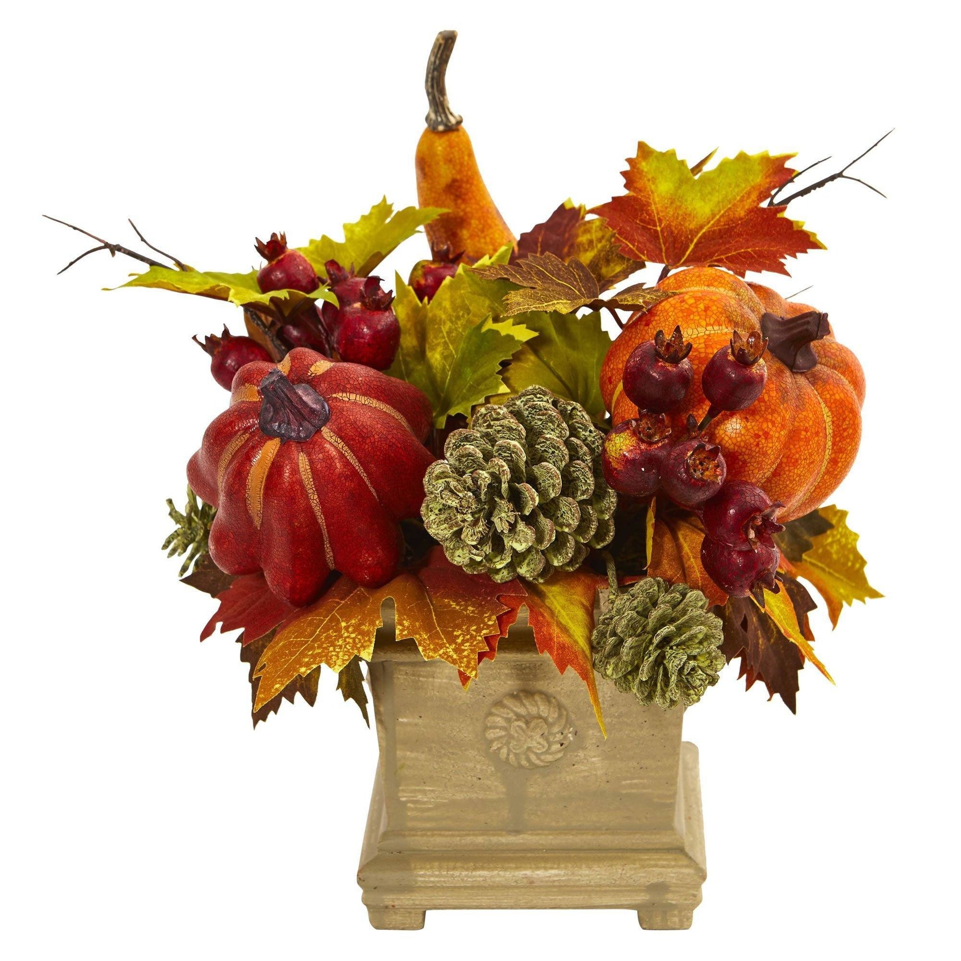 11" Pumpkin, Gourd, Berry and Maple Leaf Artificial Arrangement" - Tampa Home & Garden Store