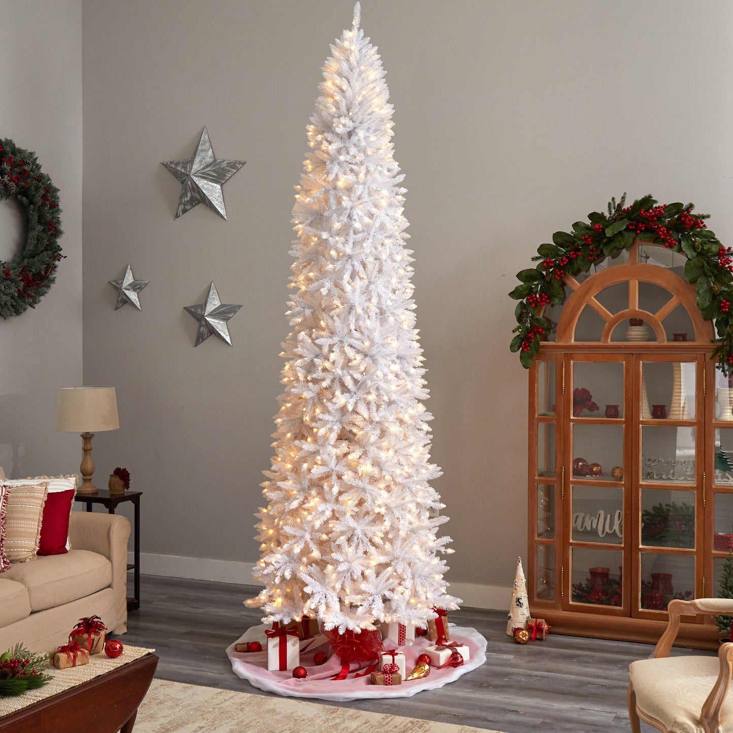 11’ Slim White Artificial Christmas Tree with 950 Warm White LED Lights and 2836 Bendable Branches - Tampa Home & Garden Store