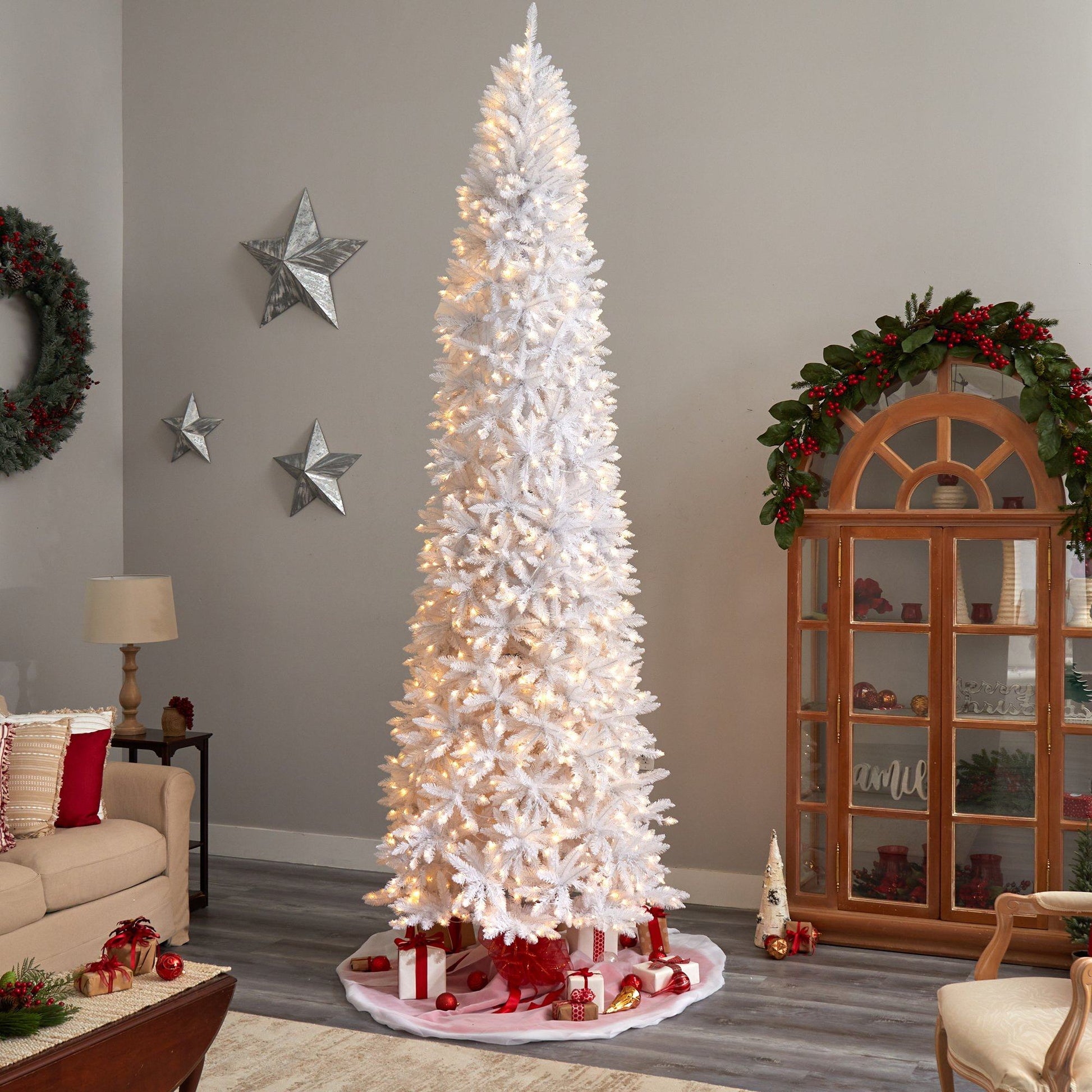 11’ Slim White Artificial Christmas Tree with 950 Warm White LED Lights and 2836 Bendable Branches - Tampa Home & Garden Store