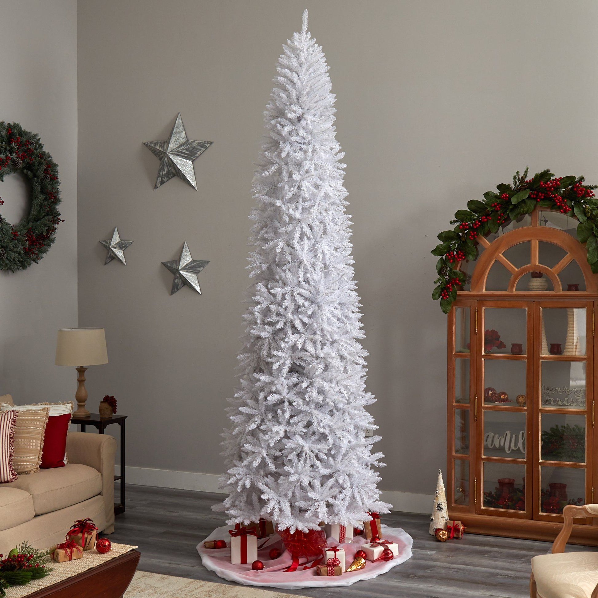 11’ Slim White Artificial Christmas Tree with 950 Warm White LED Lights and 2836 Bendable Branches - Tampa Home & Garden Store