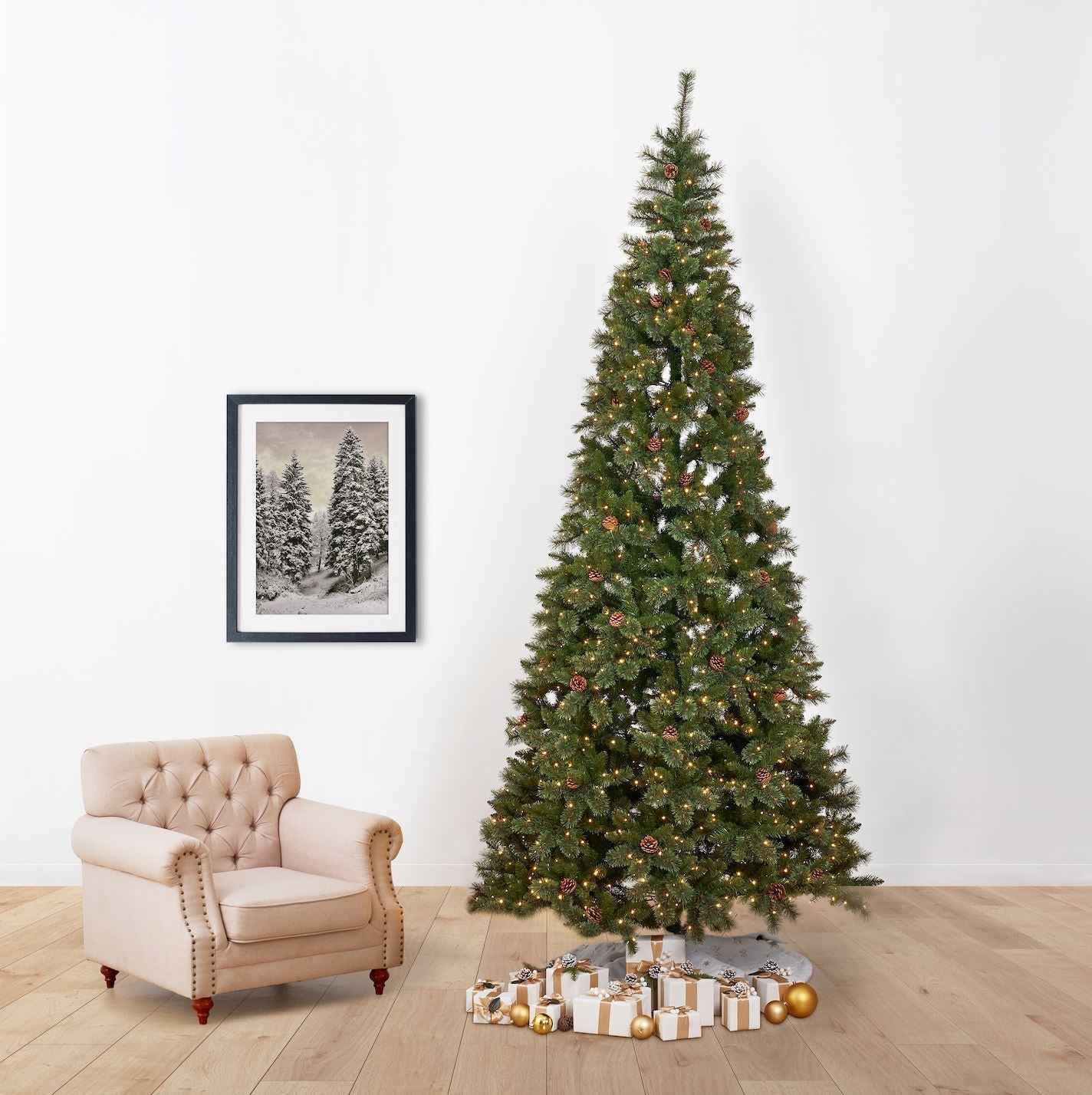 11’ White Mountain Pine Artificial Christmas Tree with 1050 Clear LED Lights, Pine Cones and 2395 Bendable Branches - Tampa Home & Garden Store