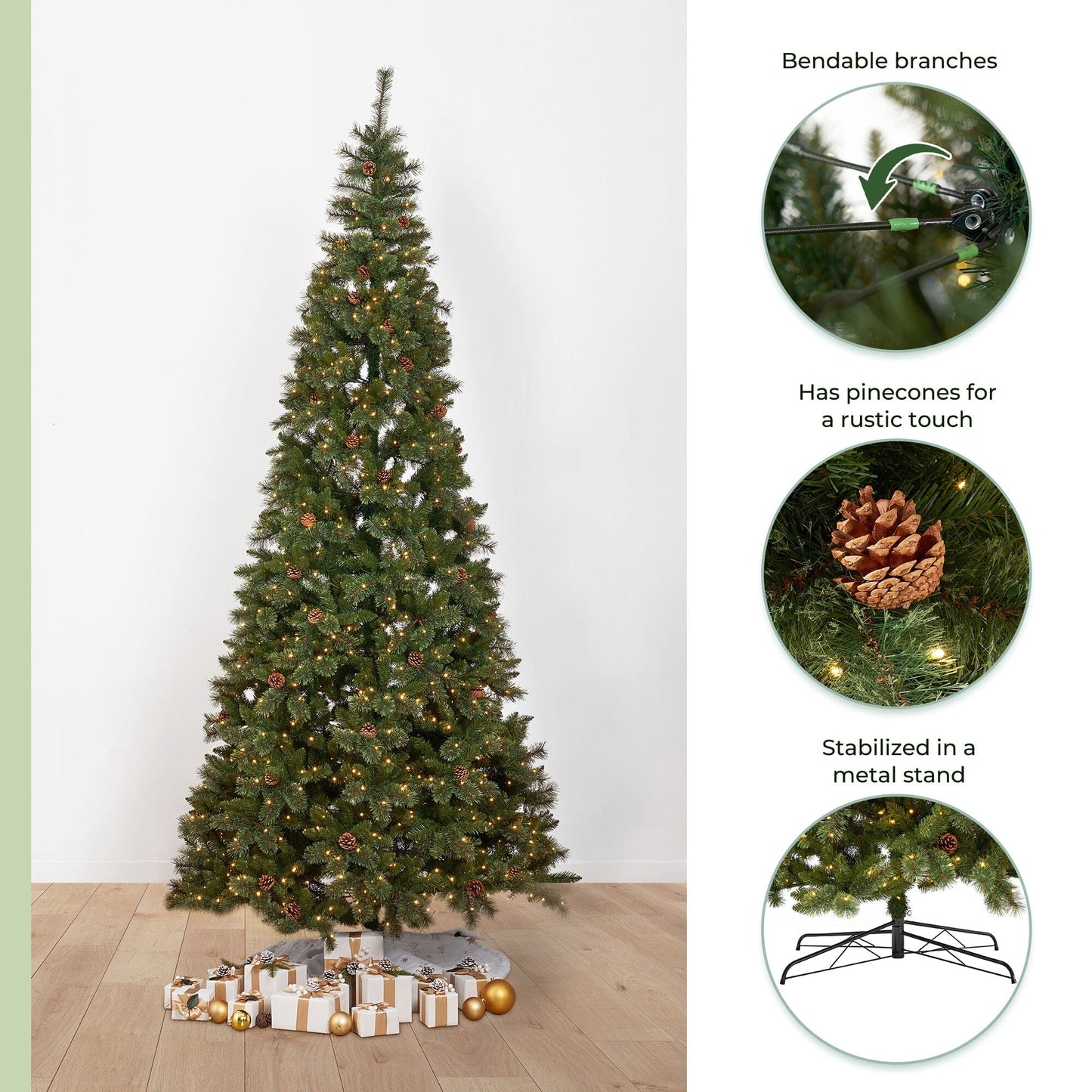 11’ White Mountain Pine Artificial Christmas Tree with 1050 Clear LED Lights, Pine Cones and 2395 Bendable Branches - Tampa Home & Garden Store