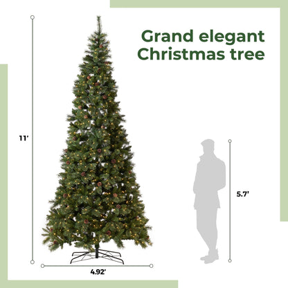 11’ White Mountain Pine Artificial Christmas Tree with 1050 Clear LED Lights, Pine Cones and 2395 Bendable Branches - Tampa Home & Garden Store