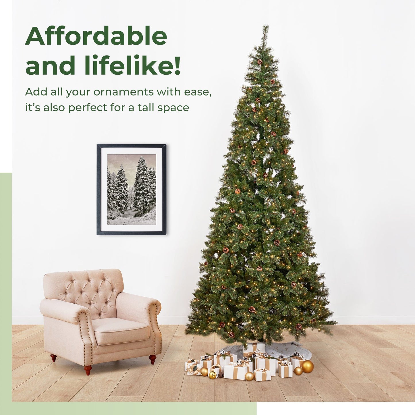 11’ White Mountain Pine Artificial Christmas Tree with 1050 Clear LED Lights, Pine Cones and 2395 Bendable Branches - Tampa Home & Garden Store