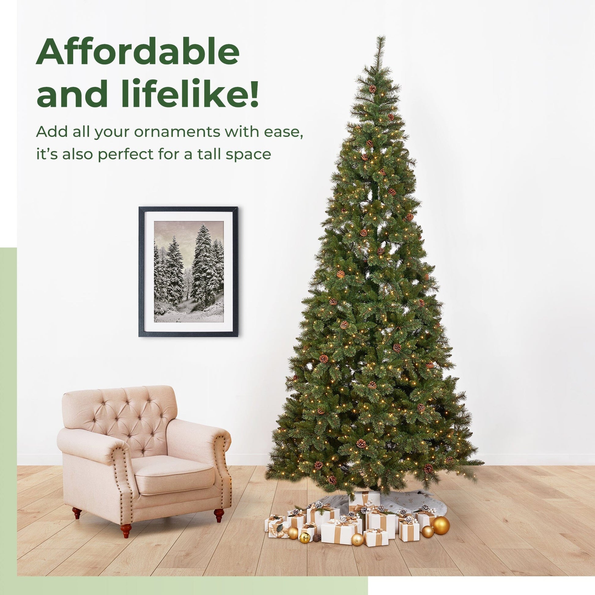 11’ White Mountain Pine Artificial Christmas Tree with 1050 Clear LED Lights, Pine Cones and 2395 Bendable Branches - Tampa Home & Garden Store