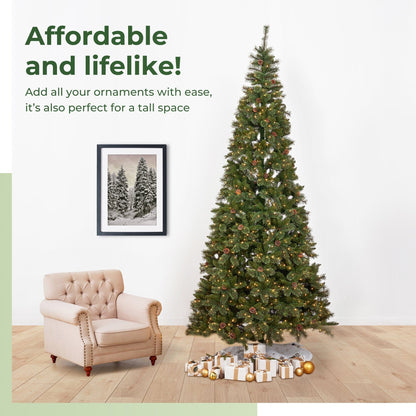 11’ White Mountain Pine Artificial Christmas Tree with 1050 Clear LED Lights, Pine Cones and 2395 Bendable Branches - Tampa Home & Garden Store