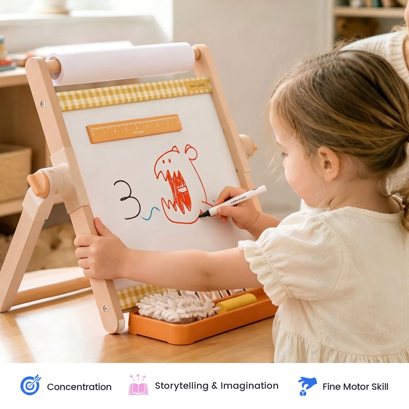 Tiny Land Double-Sided Magnetic Tabletop Easel with peachwood frame and whiteboard surface on Tampa Home & Garden Store