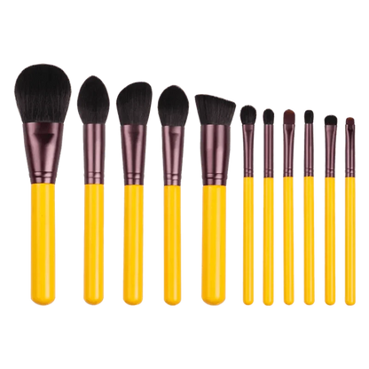 11-piece Stevvex makeup brush set with yellow handles, purple ferrules and black bristles on Tampa Home & Garden Store