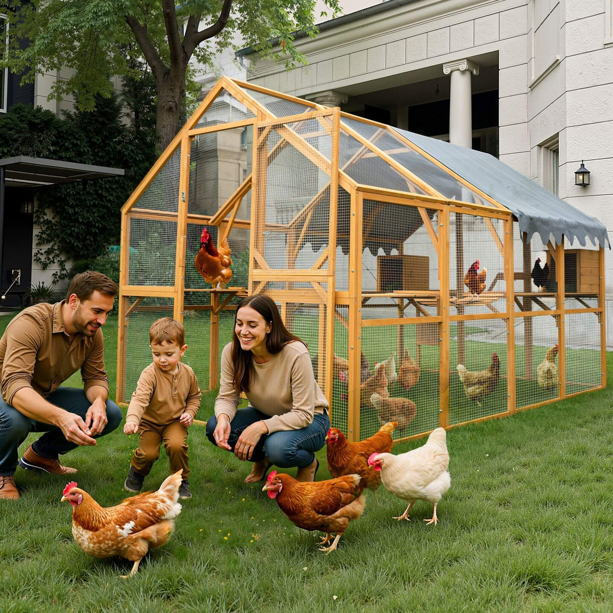 110-Inch wooden outdoor chicken coop with wire mesh panels and waterproof cover in yard on Tampa Home & Garden Store
