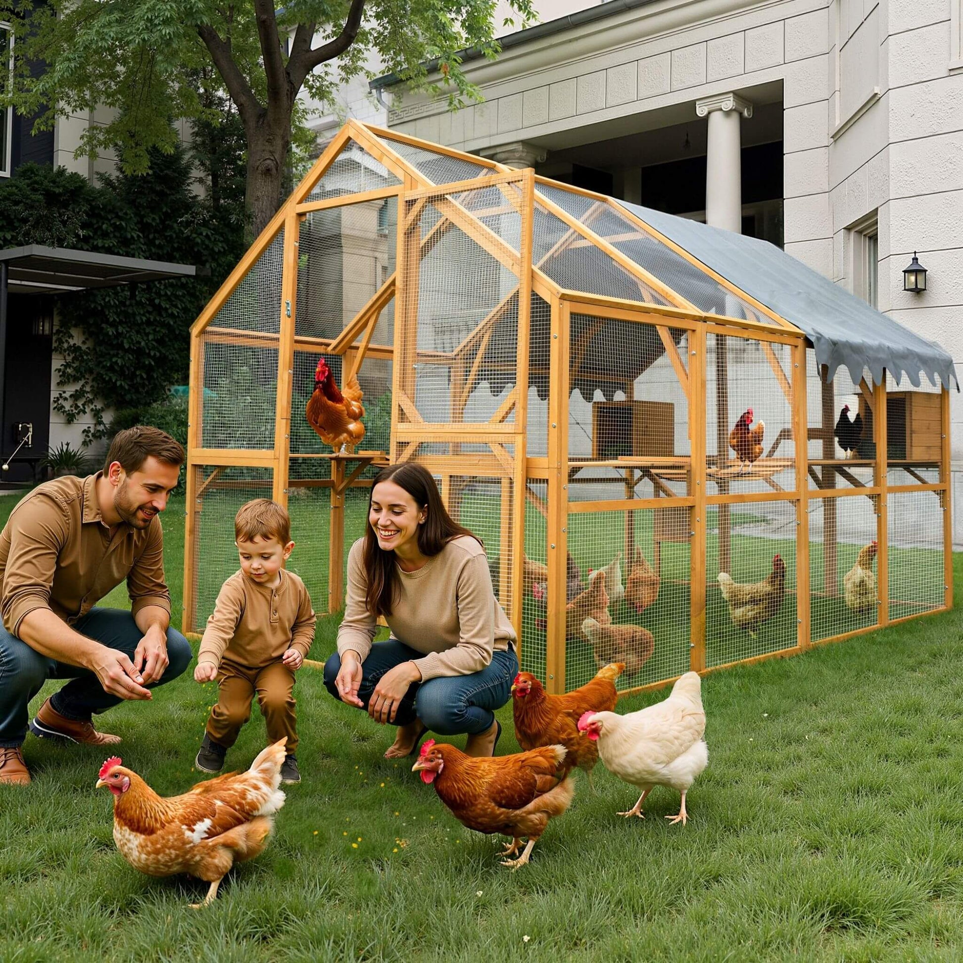 110-Inch wooden outdoor chicken coop with wire mesh panels and waterproof cover in yard on Tampa Home & Garden Store