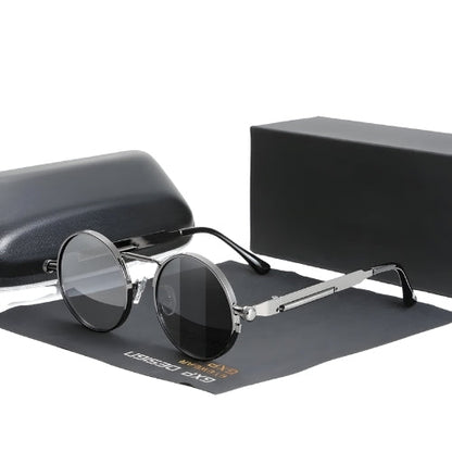 Steam Punk Polarized Sunglasses by BikerZoneZ, round metal frame with dark lenses, case on Tampa Home & Garden Store