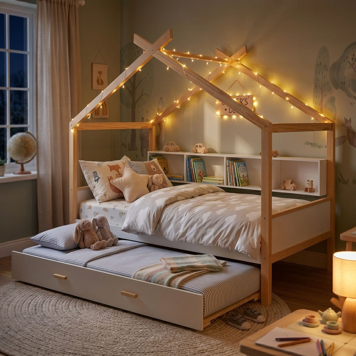House Bed With Bookshelf Storage wood frame; twin upper bed with string lights and bottom trundle on Tampa Home & Garden Store