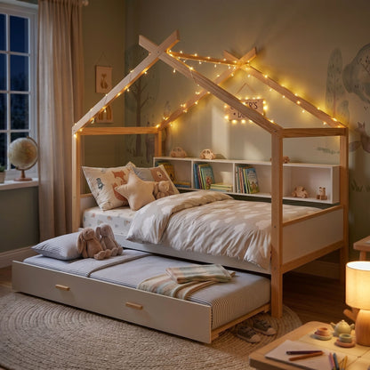 House Bed With Bookshelf Storage wood frame; twin upper bed with string lights and bottom trundle on Tampa Home & Garden Store