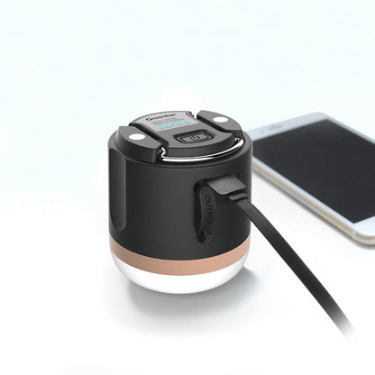 Handheld camping torch for tents; black cylindrical light with rose-gold band and strap on Tampa Home & Garden Store