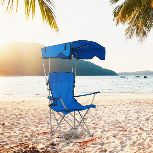 Foldable beach canopy chair GemGear blue with cup holder on beach on Tampa Home & Garden Store