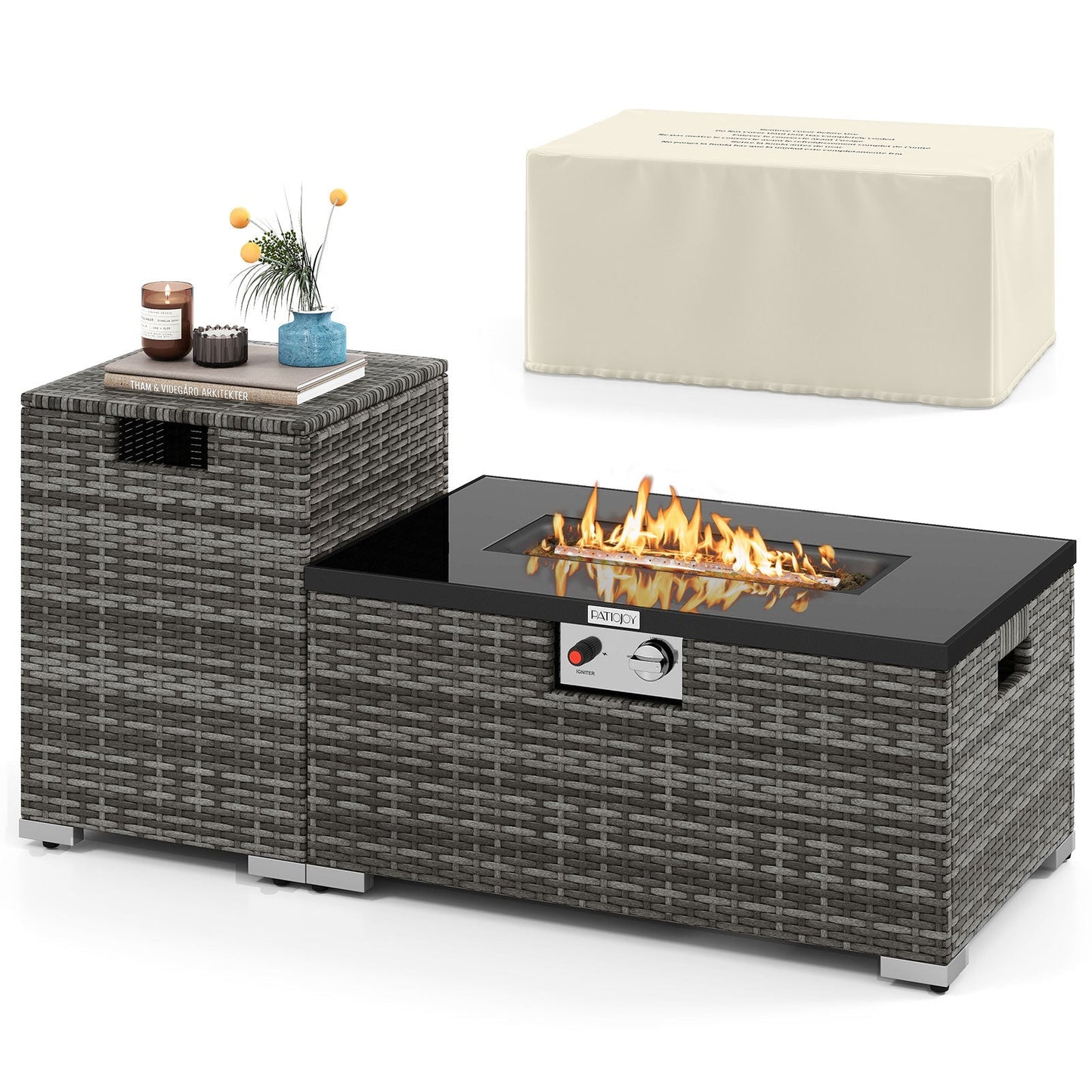 2-Piece outdoor rattan fire table set with 32in gas firepit and tank cover, PatioJoy logo on Tampa Home & Garden Store
