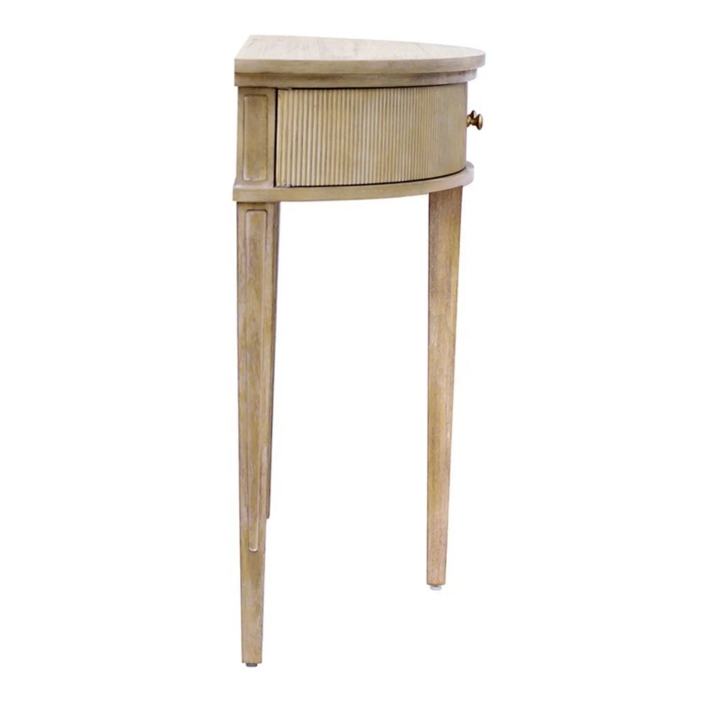 Vintage inspired storage console table with curved front and fluted doors in light wood on Tampa Home & Garden Store