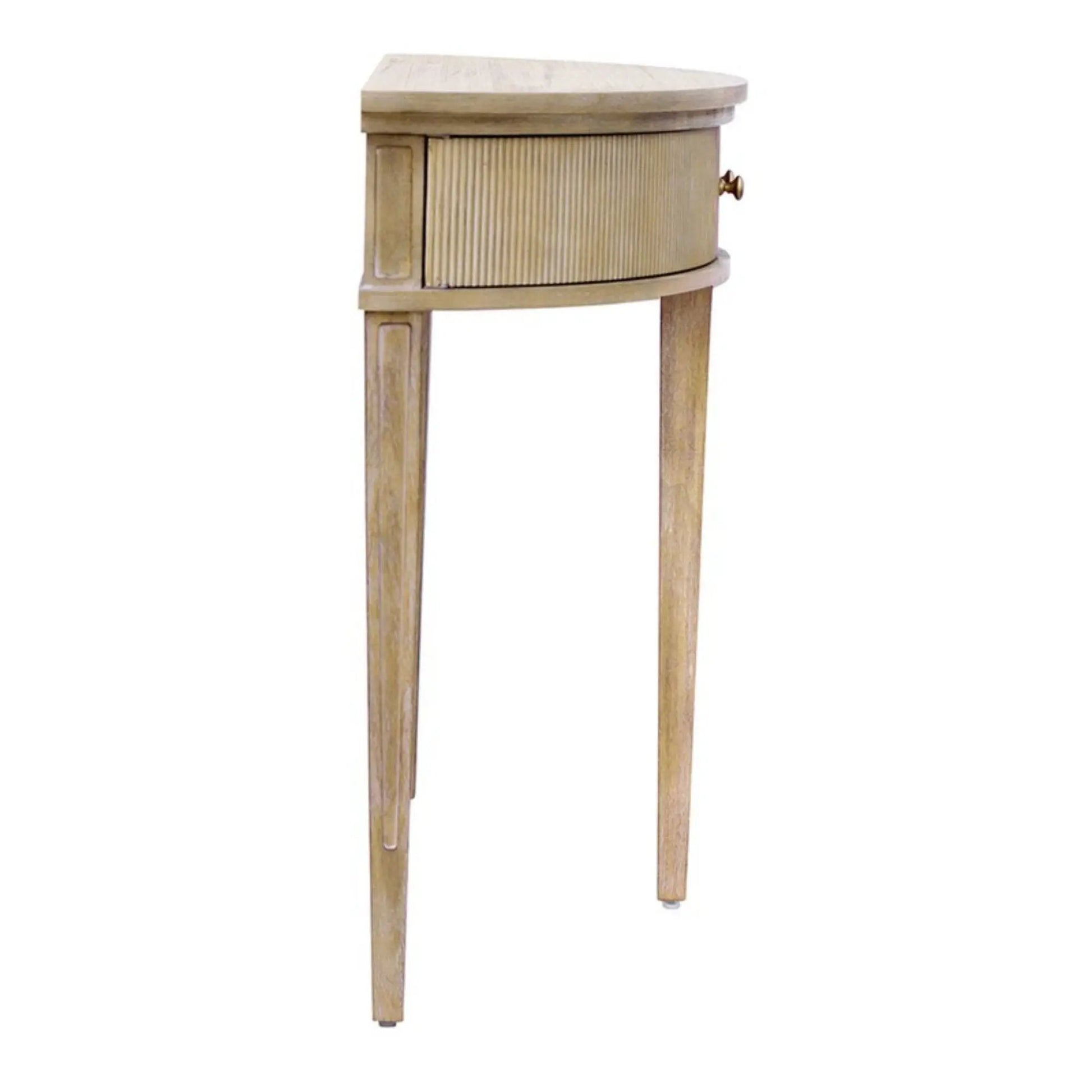 Vintage inspired storage console table with curved front and fluted doors in light wood on Tampa Home & Garden Store