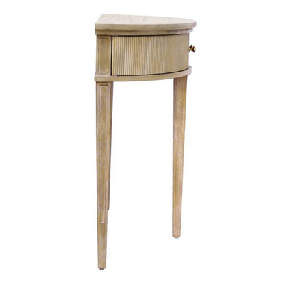 Vintage inspired storage console table with curved front and fluted doors in light wood on Tampa Home & Garden Store