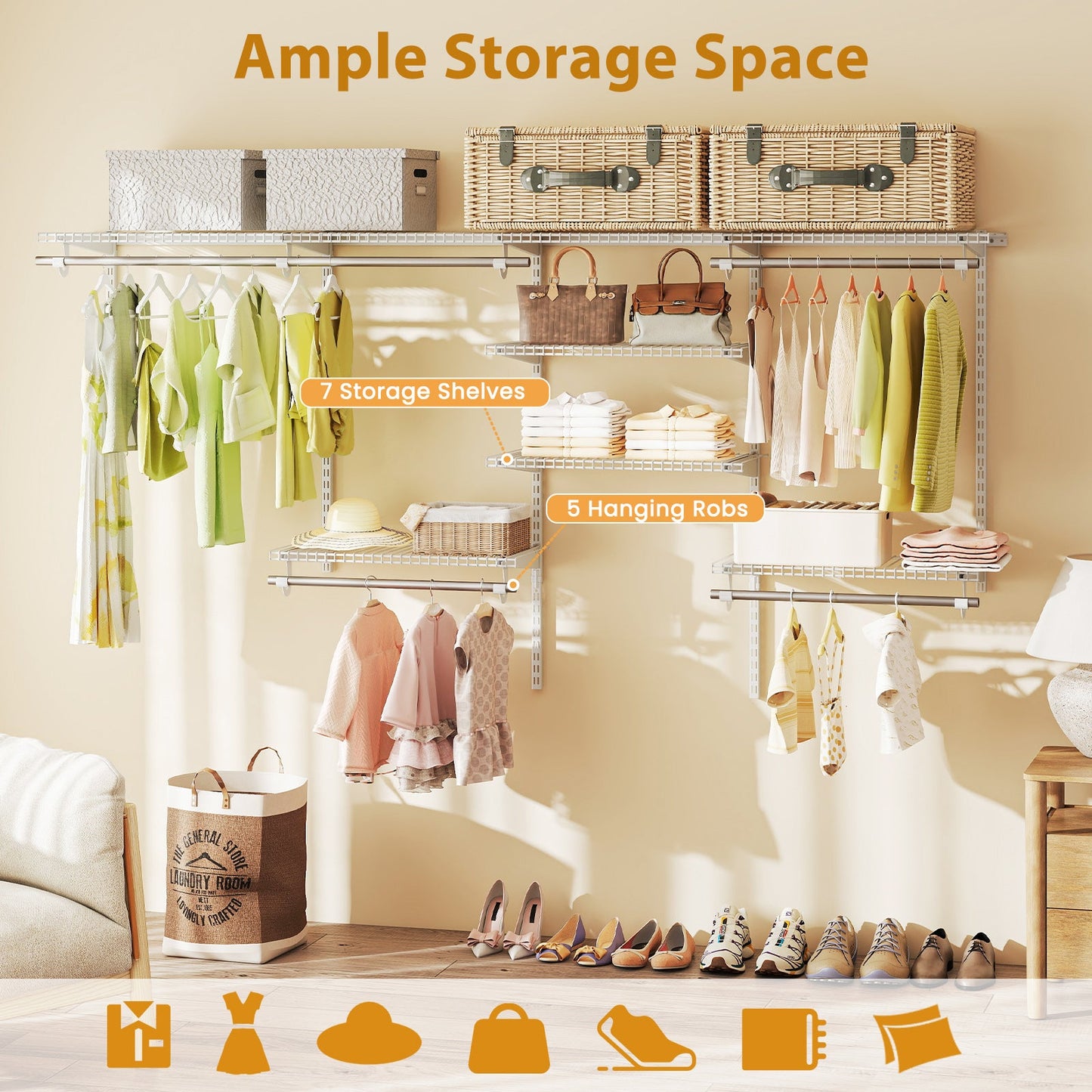 4-8 Feet Closet Organizers and Storage System with Hanging Rod for Laundry Bedroom