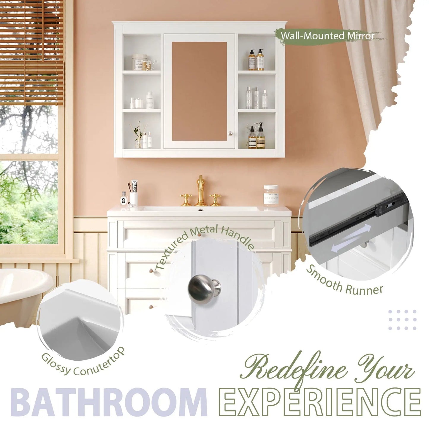 White wall-mounted bathroom vanity with mirror cabinet and side shelves, single sink on Tampa Home & Garden Store