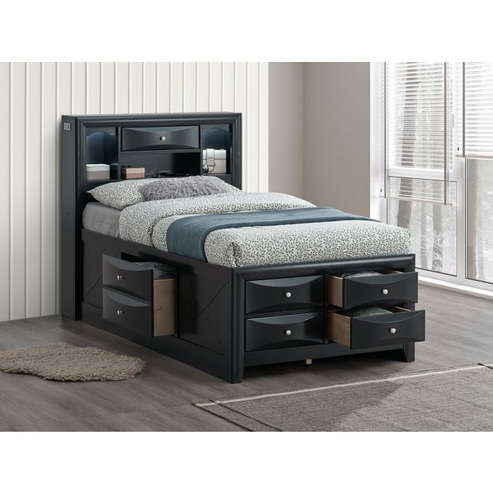Modern design storage bed with bookcase headboard in dark finish built-in drawers on Tampa Home & Garden Store