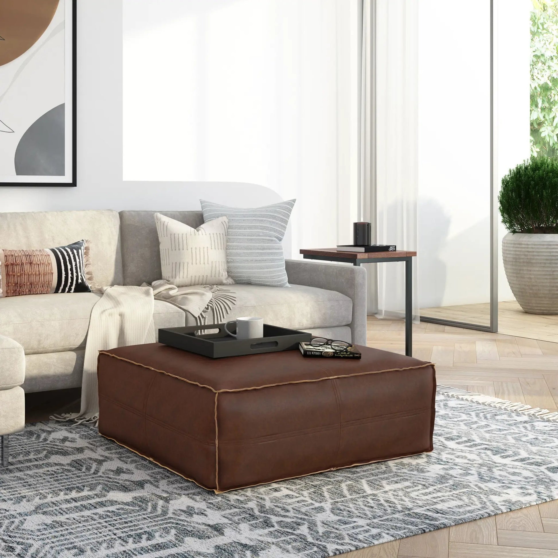 Brody large square coffee table pouf in brown leather by Unique Piece Furniture on Tampa Home & Garden Store