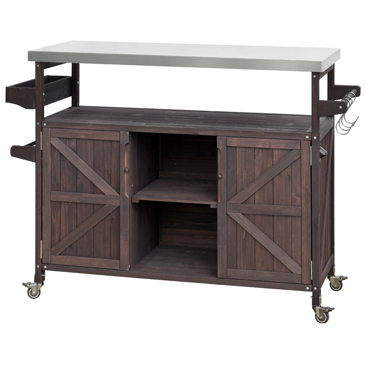 K&K Outdoor Kitchen Island rolling bar cart with stainless steel top and dark wood base on Tampa Home & Garden Store