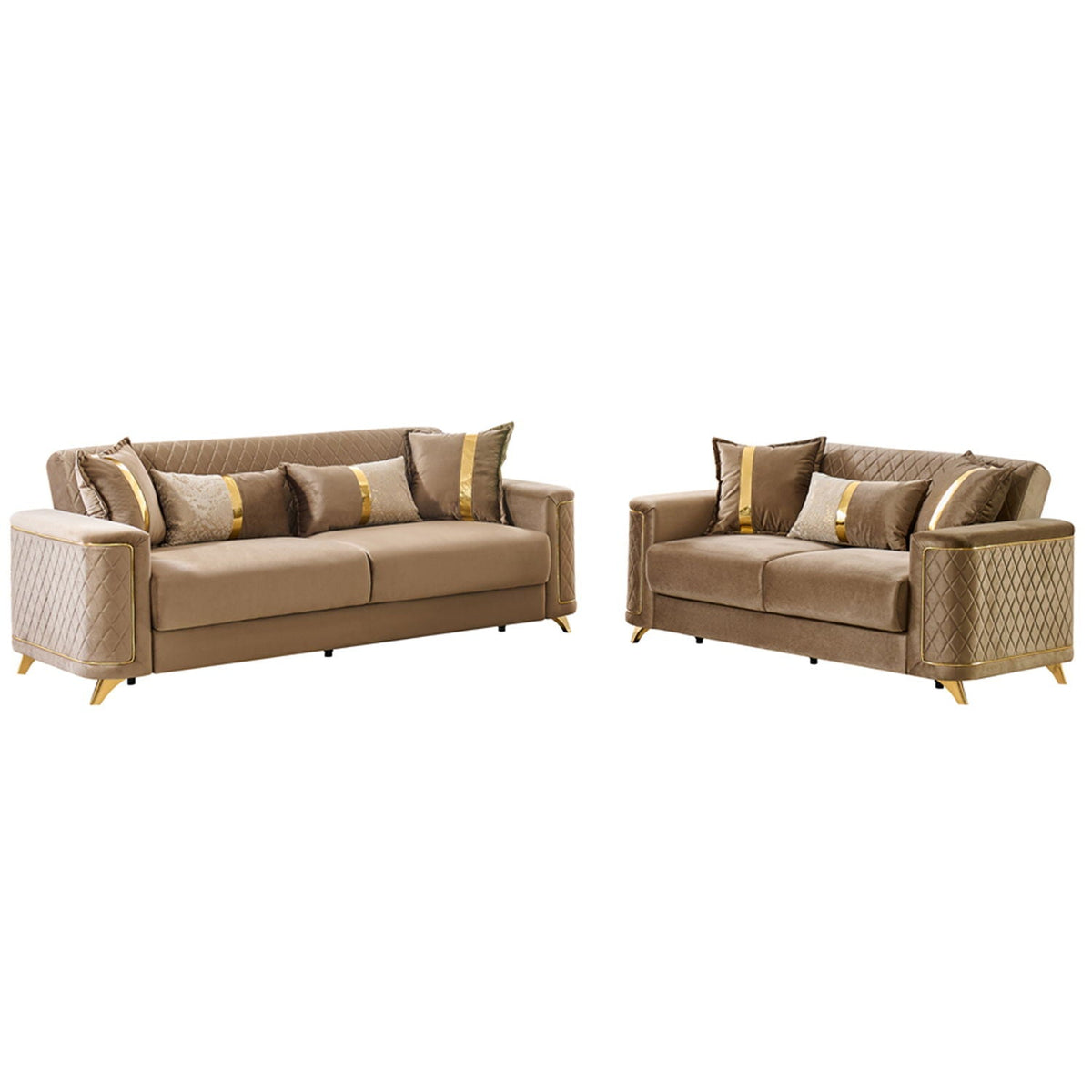 Upholstered living room set beige bronze with gold-tone legs, two sofas, HouseOfZazla on Tampa Home & Garden Store