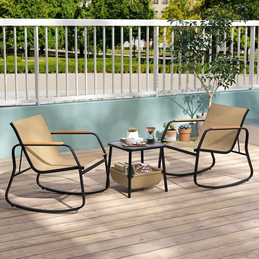3 Piece Rocking Bistro Chairs and Side Table Set with Storage Bag-Brown - Tampa Home & Garden Store