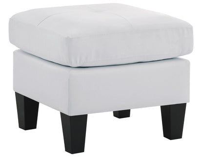 Upholstered ottoman in light gray fabric with dark tapered legs on Tampa Home & Garden Store