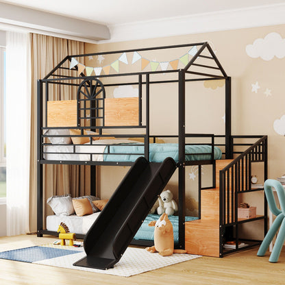 Metal House Bunk Bed With Slide and Storage