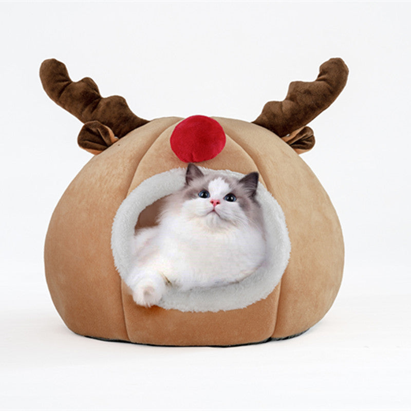 Pet tent Christmas reindeer kennel plush brown with antlers red nose, cat inside on Tampa Home & Garden Store