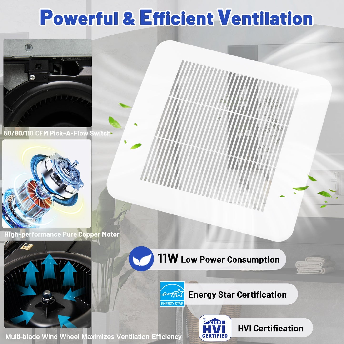 Ventilador de techo para baño de 50/80/110 CFM con Pick-A-Flow y conducto de 4 pulgadas